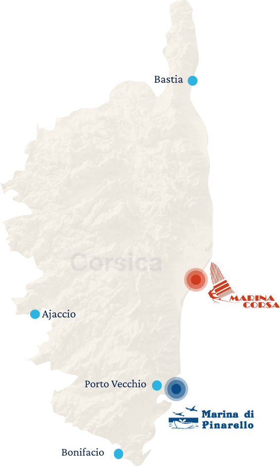 Mappa della Corsica con città principali e Marina Corsa evidenziata.